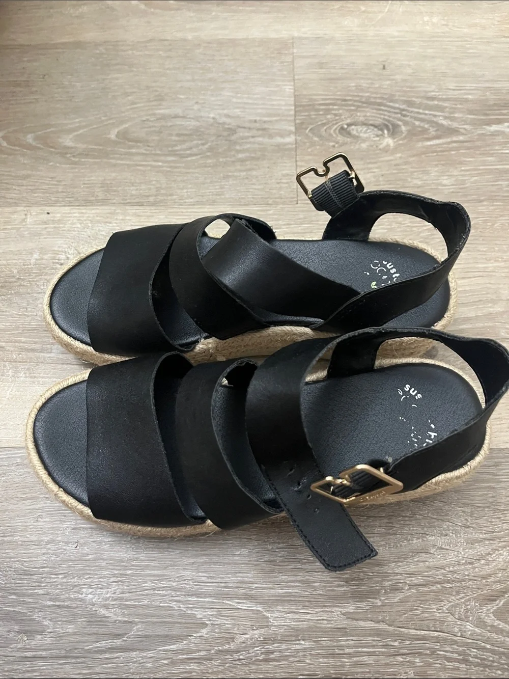 Black Strappy Espadrille Wedge Sandals with Gold Buckles